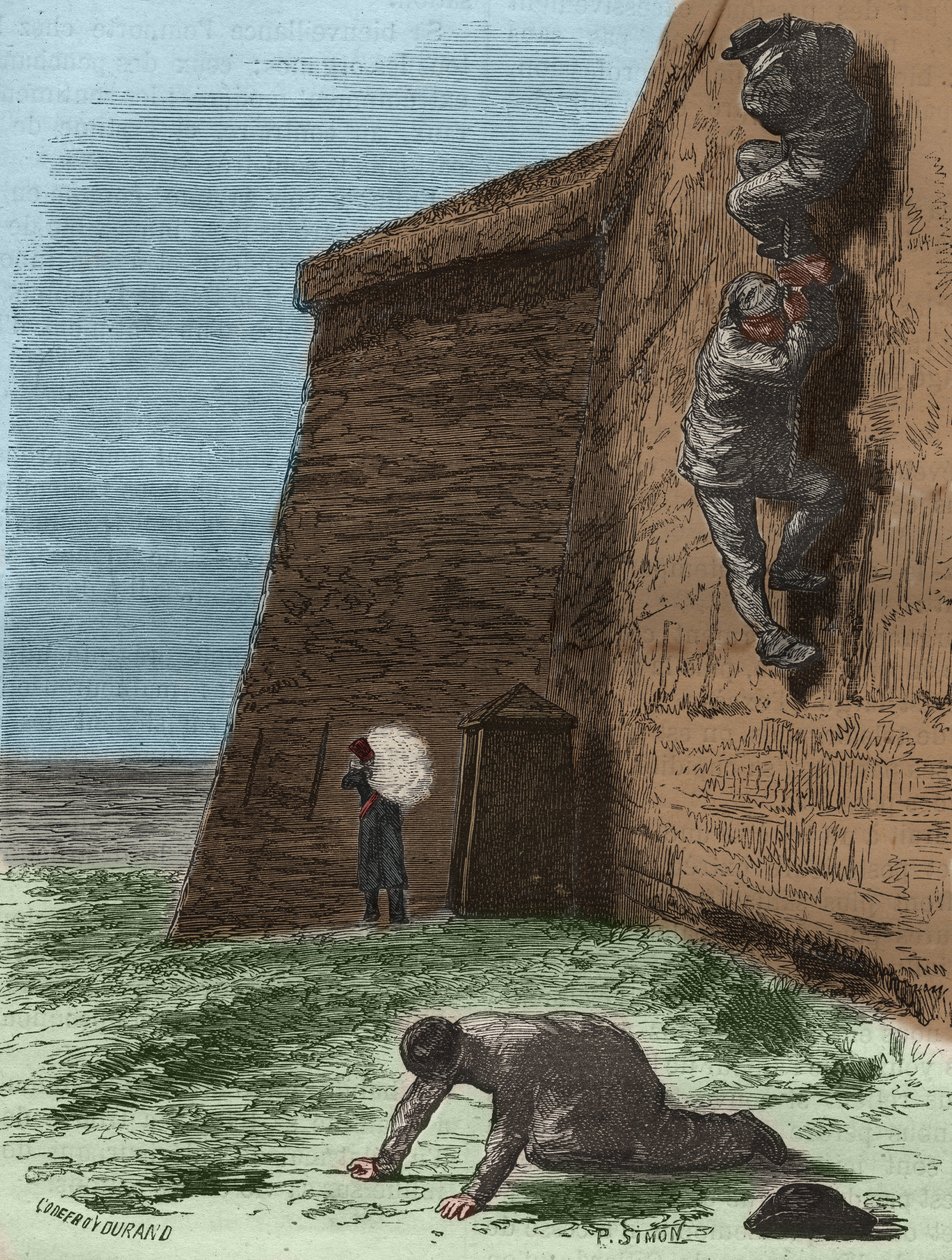 Szökés a 19. századi rocheforti börtönből. Pierre Zaccone (1817-1895) (Colonia Penale - Büntetőtelep) metszet az „Elítéltek története a megalkotásuktól napjainkig” című könyvébe (1877). Magángyűjtemény. alkotó: Anonymous Anonymous