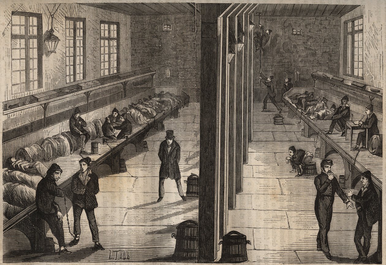 Három elítélt szökése a bagne de Rochefort Saint Gilles-i szobájában 1840. december 28-án. Metszet a „A bagnek története a létrehozásuktól napjainkig” című könyvébe (1877), Pierre Zaccone (1817-1895) (Colonia Penale - Büntetés-végrehajtási telep). Magángyű alkotó: Anonymous Anonymous