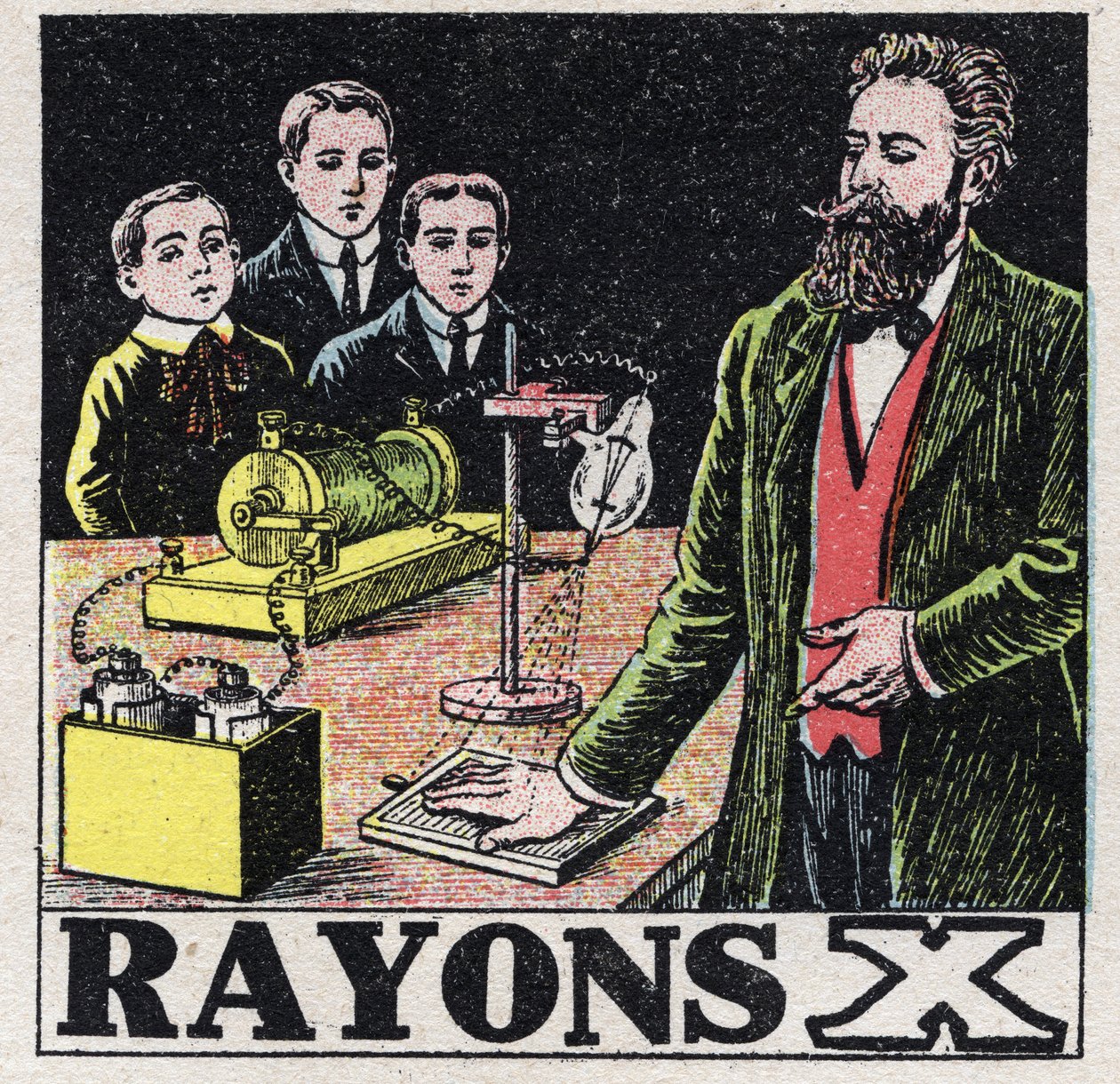 Éter (anyag): Wilhelm Conrad Roentgen vagy Roentgen (1845-1923) német fizikus által felfedezett röntgensugarak. Névtelen illusztráció 1925-ből. Magángyűjtemény. alkotó: Anonymous Anonymous