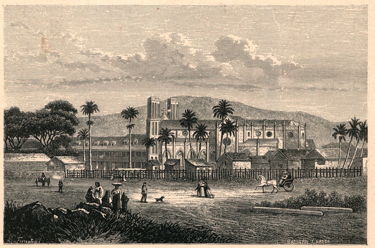 Külső nézet a katedrális Port of Spain (Port of Spain) Trinidadban (Trinidad és Tobago, Trinidad és Tobago). Louis-Eugene (Louis Eugene) Louvet „Les Missions Catholiques au XIXeme Siecle” metszete. magángyűjtemény. alkotó: Anonymous Anonymous