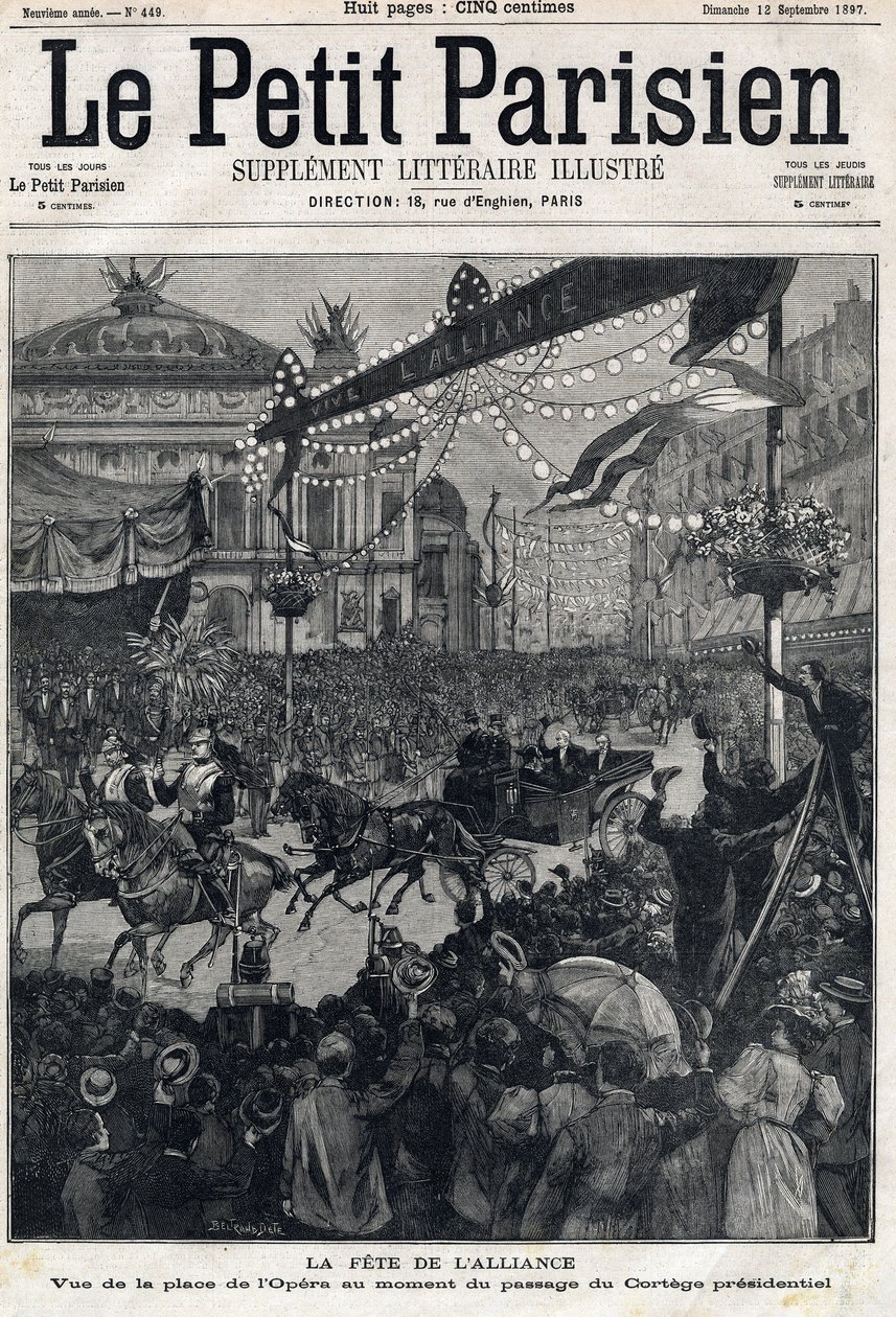 A Francia-Orosz Szövetség (francia-orosz) ünnepe: kilátás az Opera térre Felix Faure elnöki testülete (1841-1899) előtt. A „” Le Petit Parisien” című kötetben 1897.12.09. Magángyűjtemény alkotó: Anonymous Anonymous