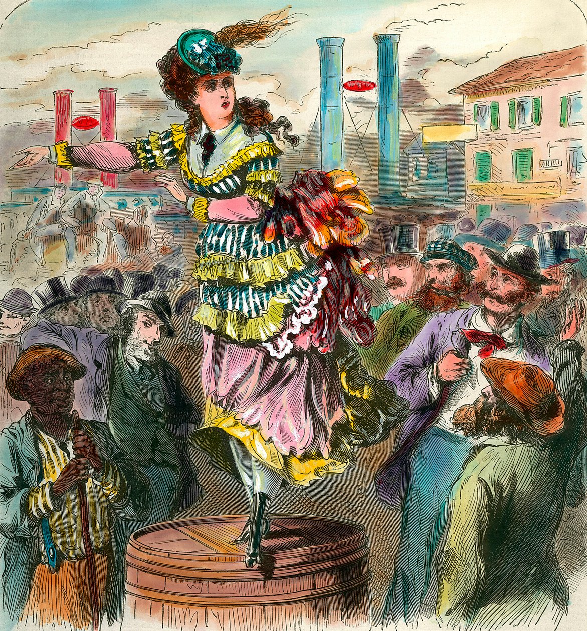 Feminizmus: „” Beszéd a nők felhatalmazásáért az Egyesült Államokban”” Egy hordón álló fiatal nő a nők jogait követeli. századi metszet. Magángyűjtemény alkotó: Anonymous Anonymous