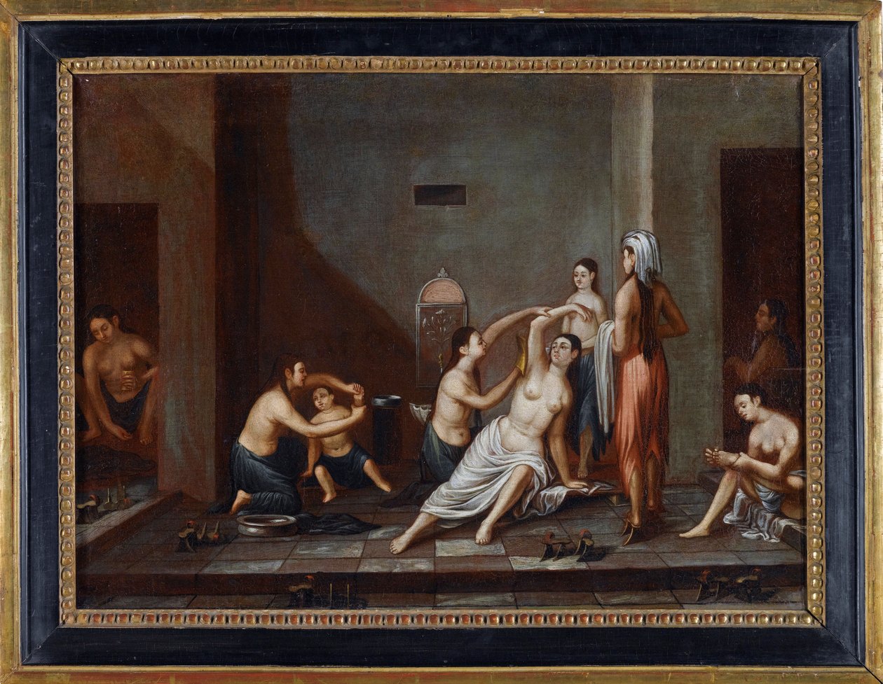 ""Nők a hammamban mossák egymást"" (Hölgyek a Hammamban) Névtelen festmény 1741 - Olaj, vászon, 39x53 - Magángyűjtemény alkotó: Anonymous Anonymous