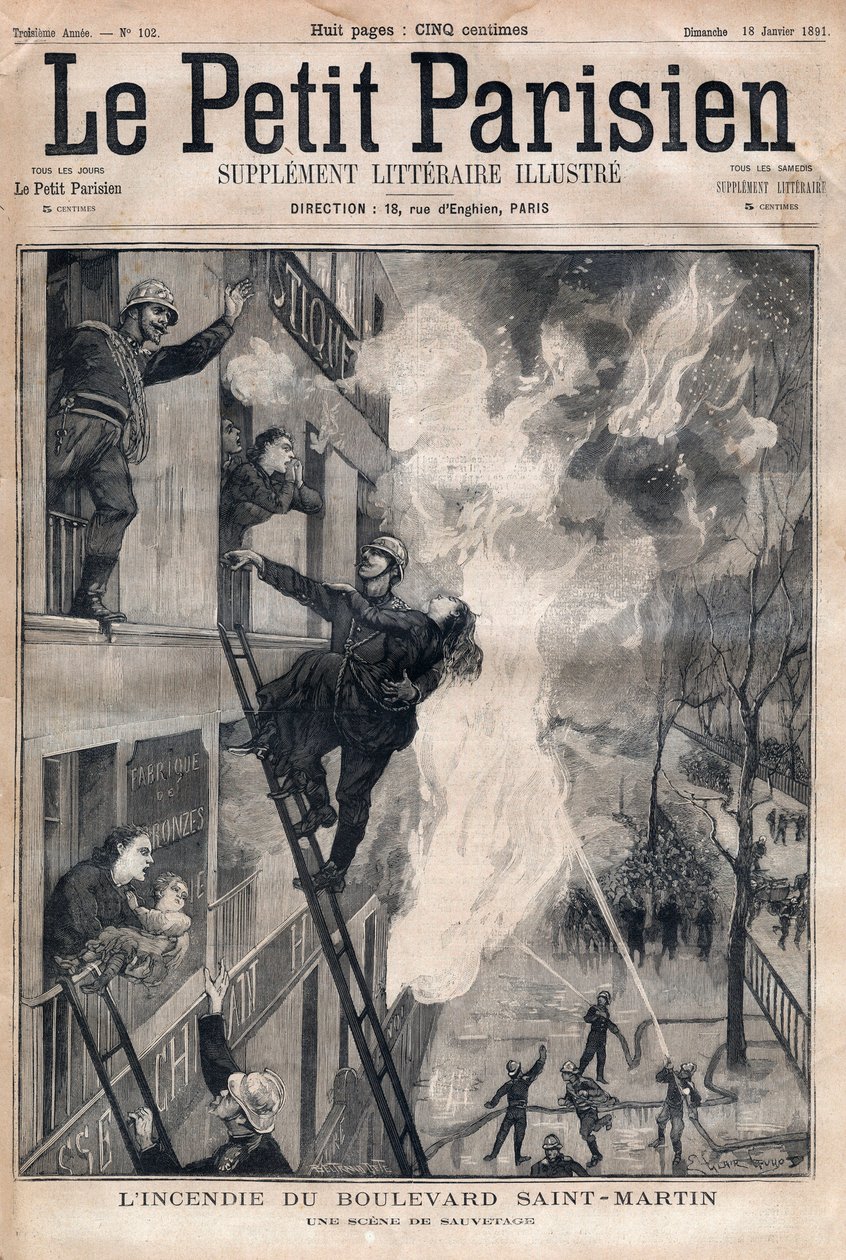 Párizsi tűzoltó: mentési helyszín a Boulevard Saint-Martin tűzesetben. Metszet „” Le petit Parisien”” 1891-ből. Magángyűjtemény. alkotó: Anonymous Anonymous