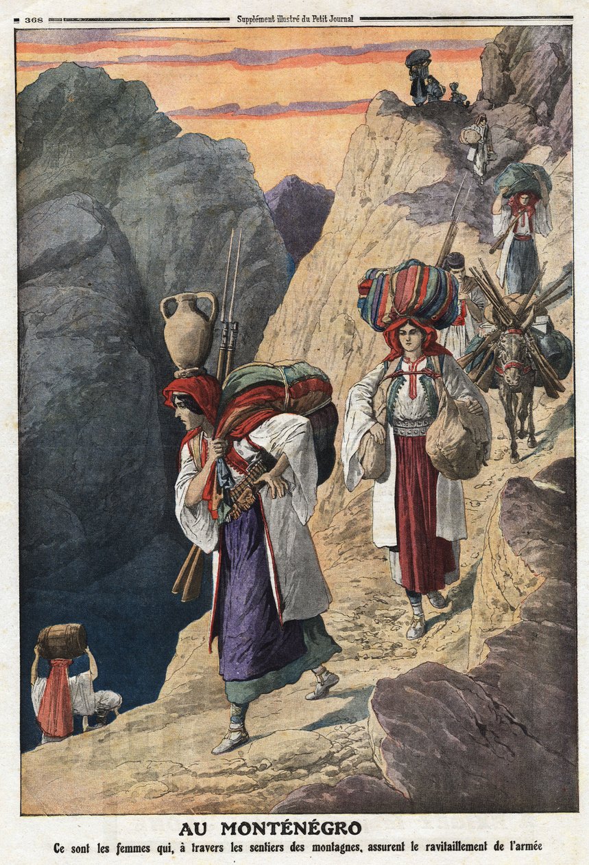 Első balkáni (balkáni) háború: montenegrói nők gyalog kelnek át a hegyeken, hogy biztosítsák a fegyverellátást. Az illusztráció a „” Le Petite Journal”” 1912.11.17.-ből vett magángyűjtemény. alkotó: Anonymous Anonymous