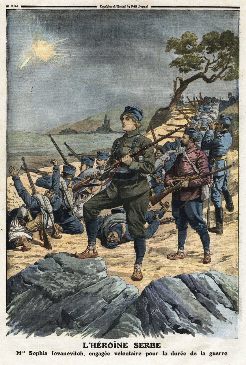 Első balkáni háború: Sophia Yovanovich portréja, egy fiatal szerb nő, aki önkéntesként jelentkezett Törökország ellen. Az illusztráció a „” Le Petite Journal”” 1912. 01. 12. Magángyűjteményből származik. alkotó: Anonymous Anonymous