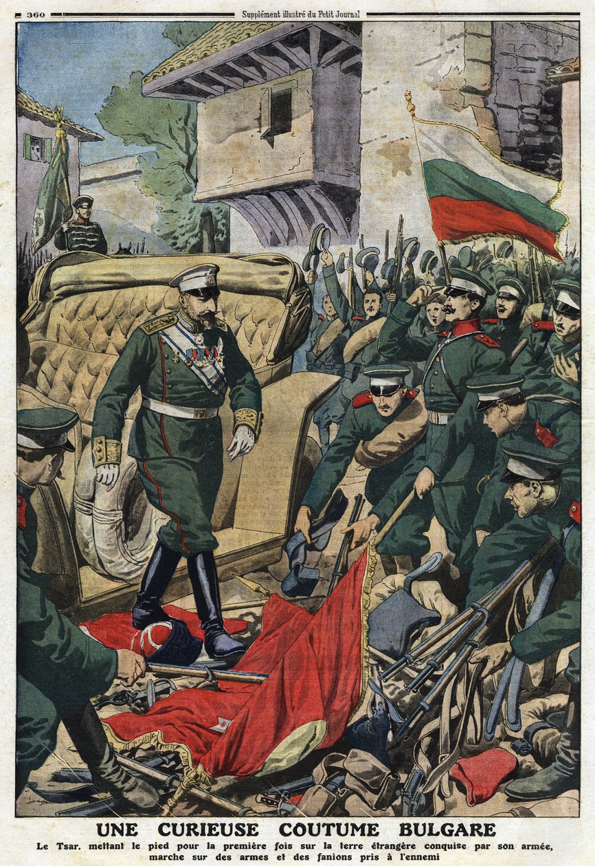 Az első balkáni háború (balkáni): I. Ferdinánd bolgár cár (1861-1948) a serege által meghódított idegen területekre vonult Musztafa-Pasában (Mustapha pasha), ma Ferdinandovoban, pietiné az ellenség fegyvereit és zászlóit””” illusztráció a „ A kis napló”” alkotó: Anonymous Anonymous