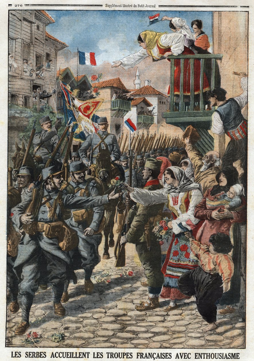 Első világháború 1914-1918 (14-18): A szerbek lelkesedéssel fogadták a francia csapatokat. Metszet a „Le Petité Journal”-ban, 1915.10.24. Magángyűjtemény. alkotó: Anonymous Anonymous