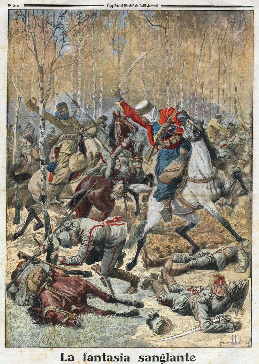 Első világháború 1914-1918 (14-18): „A véres fantázia”. Az erdőben egy harminc fős uhlán (lándzsás német lovas) csapat küzdött nyolc győztes algériai szpáhival. Metszet a „Le Petite Journal”-ban, 1915.11.28. Magángyűjtemény. alkotó: Anonymous Anonymous