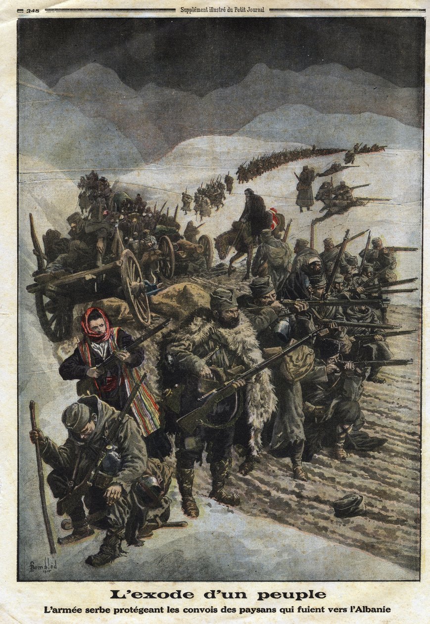 Első világháború 1914-1918 (14-18): „Egy nép kivonulása”. A szerb hadsereg védi a Szerbiából Albániába menekülő parasztok konvojait. Metszet a „” Le Petite Journal”-ban, 1915.12.26. Magángyűjtemény. alkotó: Anonymous Anonymous