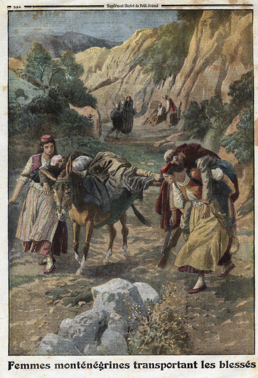 Első világháború 1914-1918 (14-18): montenegrói nők a háborúban sebesült férfiakat hordtak márna hátán vagy saját vállukon. Metszet a „Le Petite Journal”-ban, 1915.05.12. Magángyűjtemény. alkotó: Anonymous Anonymous