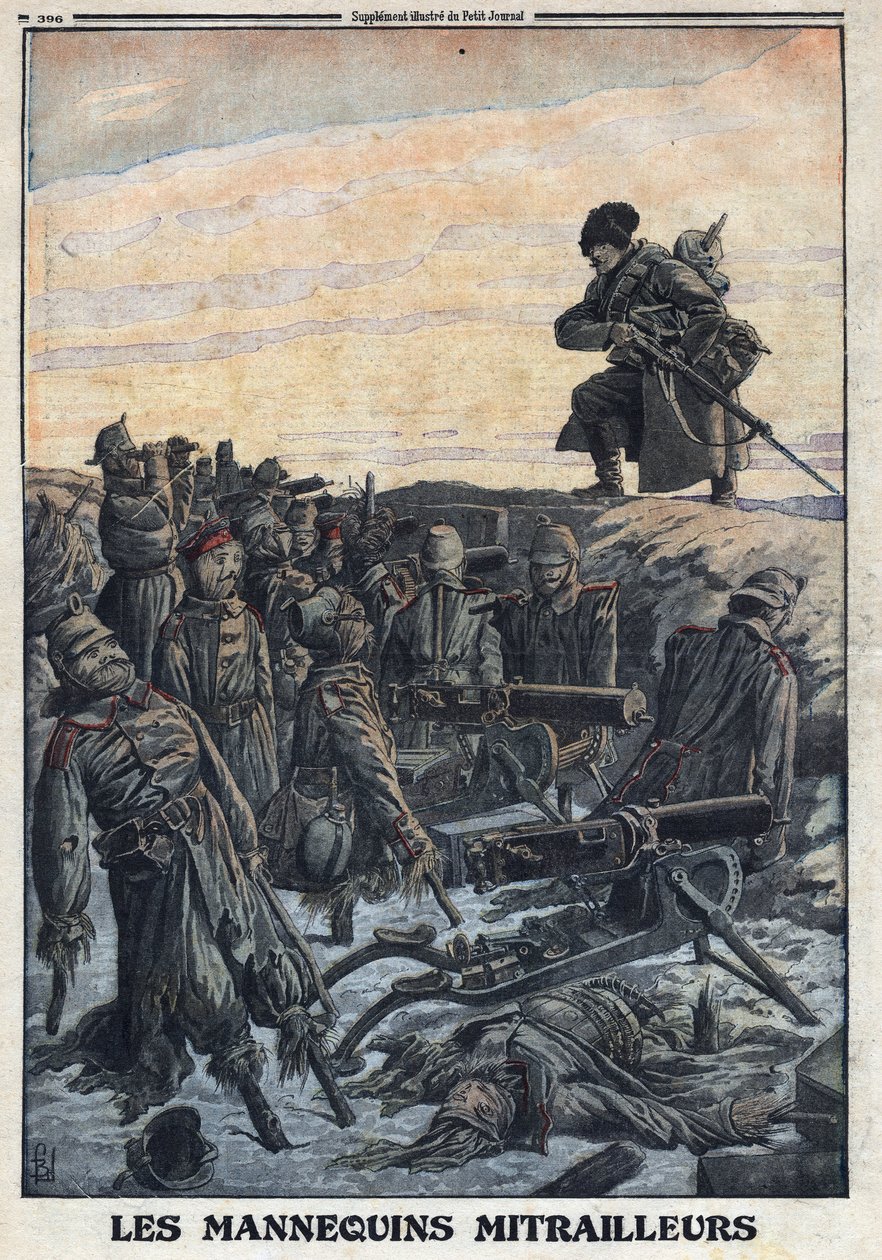 Első világháború 1914-1918 (háború 14-18). A német katonák a lövészárokban lévő próbababákat használják gépfegyverekkel, hogy megtévesszék az orosz ellenséget, így csapdába ejtik. A „Le Petite Journal”-ban, 1916.02.06. Magángyűjtemény alkotó: Anonymous Anonymous