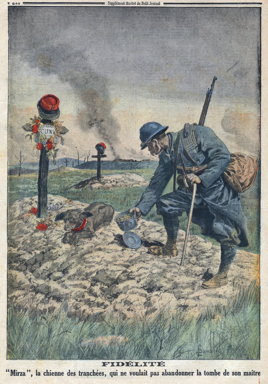 Első világháború 1914-1918 (14-18. háború). Egy kutya, aki nem hajlandó elhagyni halott gazdája sírját az árokban. A "" Le Petite Journal"-ban, 1916. 10. 09. Magángyűjtemény alkotó: Anonymous Anonymous