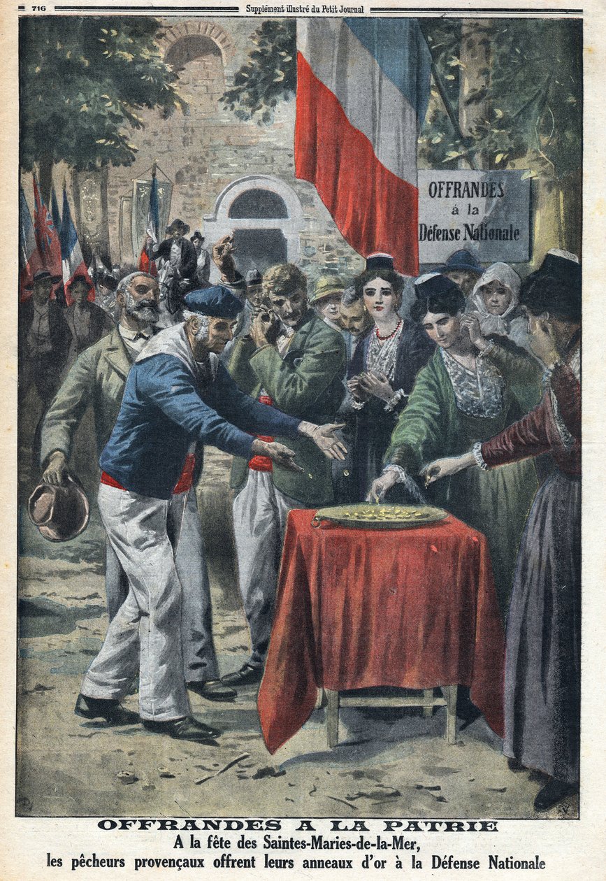 Első világháború 1914-1918 (14-18. háború). A fete des Saintes Maries de la Mer (Saintes-Maries-de-la-Mer) a tengerészek aranygyűrűket ajánlottak fel a nemzetnek, hogy finanszírozzák a honvédelem támogatását. A „” Le Petite Journal”-ban, 1916.12.11. Magáng alkotó: Anonymous Anonymous