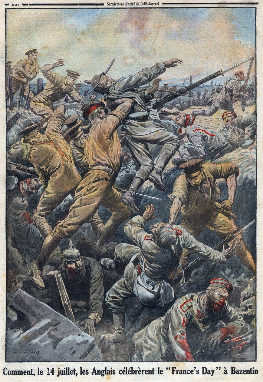 Első világháború 1914-1918 (14-18. háború). A krétai Bazentin csata 1916. július 13-án és 14-én, ahol az angolok szembeszálltak a német hadsereggel. A „Le Petite Journal”-ban, 1916.08.06. Magángyűjtemény alkotó: Anonymous Anonymous