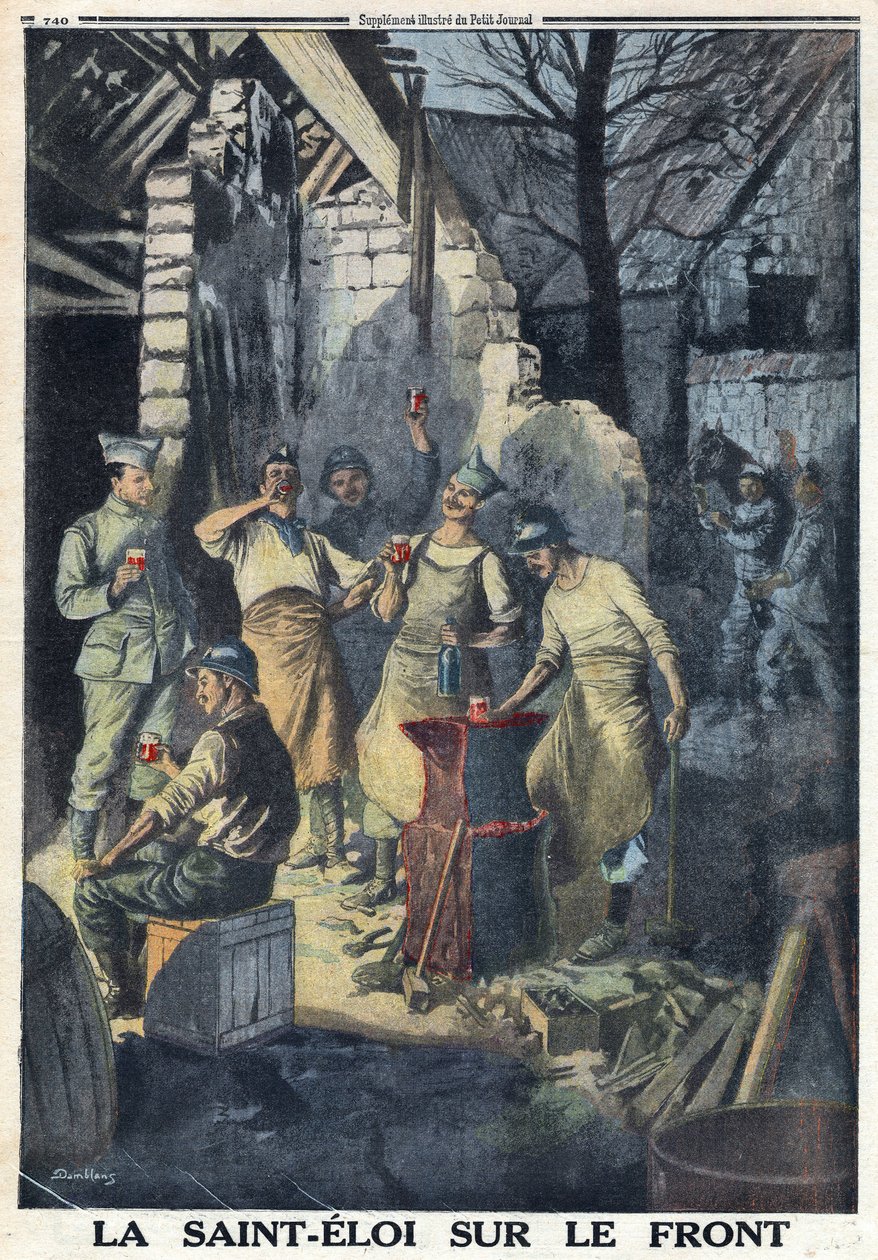 Első világháború 1914-1918 (14-18. háború). A fronton lévő katonák Saint Eloi (Saint-Eloi) ünnepe. Mindannyian isznak egy pohár vörösbort a bulira. A „” Le Petite Journal”-ban, 1916.03.12. Magángyűjtemény alkotó: Anonymous Anonymous
