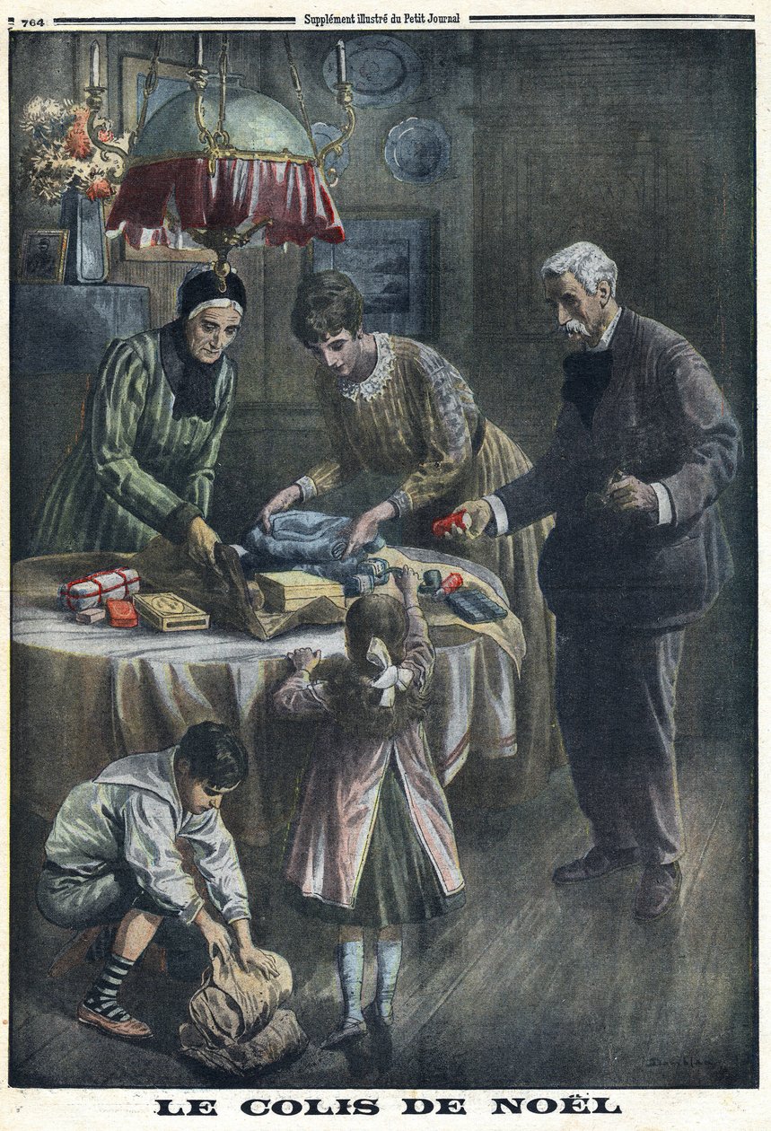 Első világháború 1914-1918 (14-18. háború). Karácsonyi ajándék: A gyerekek karácsony estéjén a csatatéren kapják meg és bontják ki az édesapjuktól kapott csomagokat. A „Le Petite Journal”-ban, 1916.12.24. Magángyűjtemény alkotó: Anonymous Anonymous