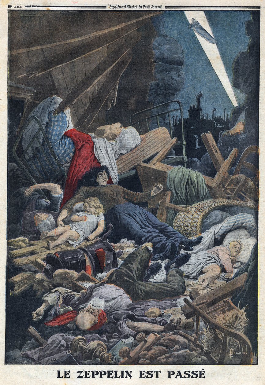 Első világháború 1914-1918 (14-18. háború). Polgári lakosság halt meg otthonában a német légierő Zeppelinjének bombázásában. A „Le Petite Journal”-ban, 1916.02.13. Magángyűjtemény alkotó: Anonymous Anonymous