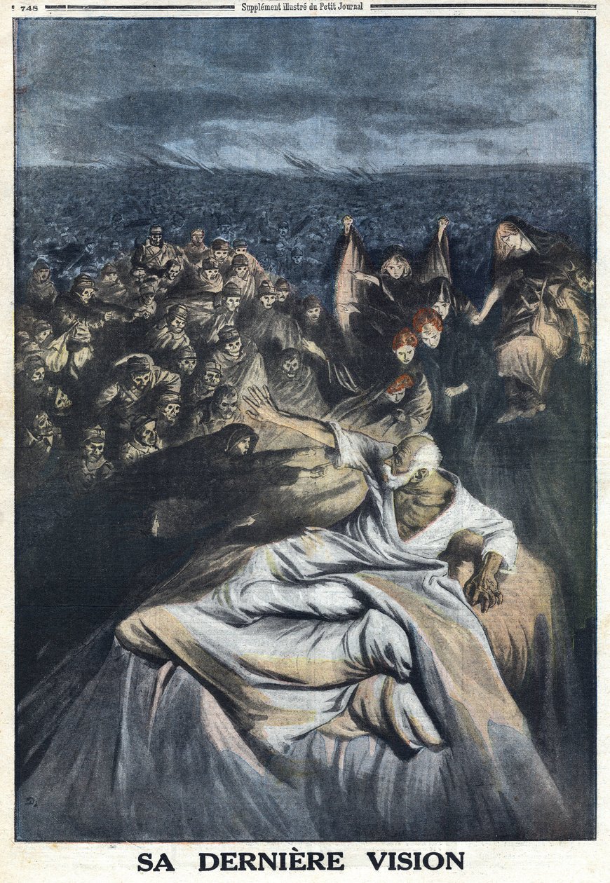 Első világháború 1914-1918 (14-18. háború). Az osztrák I. Ferenc József (1830-1916) halála. Az itt bemutatott legújabb látomása bűnössé teszi őt minden elkövetett hírhedt bűnben. A "" Le Petité Journalban" alkotó: Anonymous Anonymous