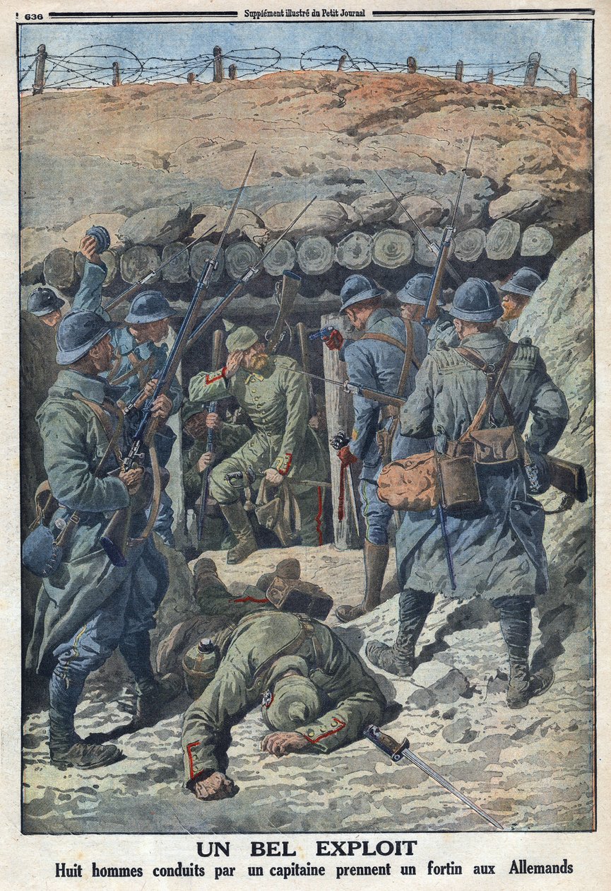 Első világháború 1914-1918 (14-18. háború). A francia hadsereg nyolc katonája egy százados vezetésével elfoglalt egy erődöt a németektől. A „” Le Petité Journal”-ban, 1916.09.03. Magángyűjtemény alkotó: Anonymous Anonymous