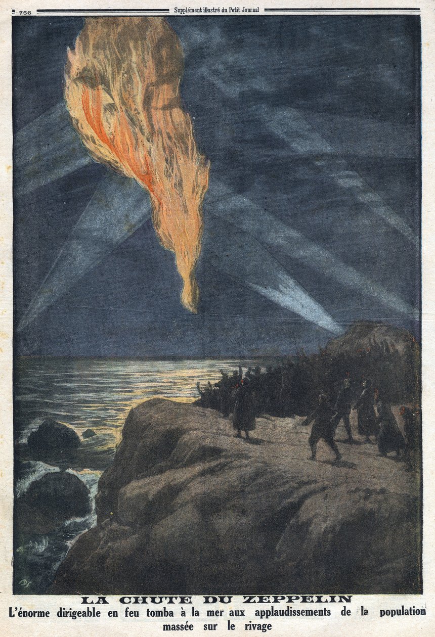 Első világháború 1914-1918 (14-18. háború). Leesett az égő német hadsereg zeppelinje, aki hazatér egy angliai razziáról. A „Le Petite Journal”-ban, 1916.12.17. Magángyűjtemény alkotó: Anonymous Anonymous