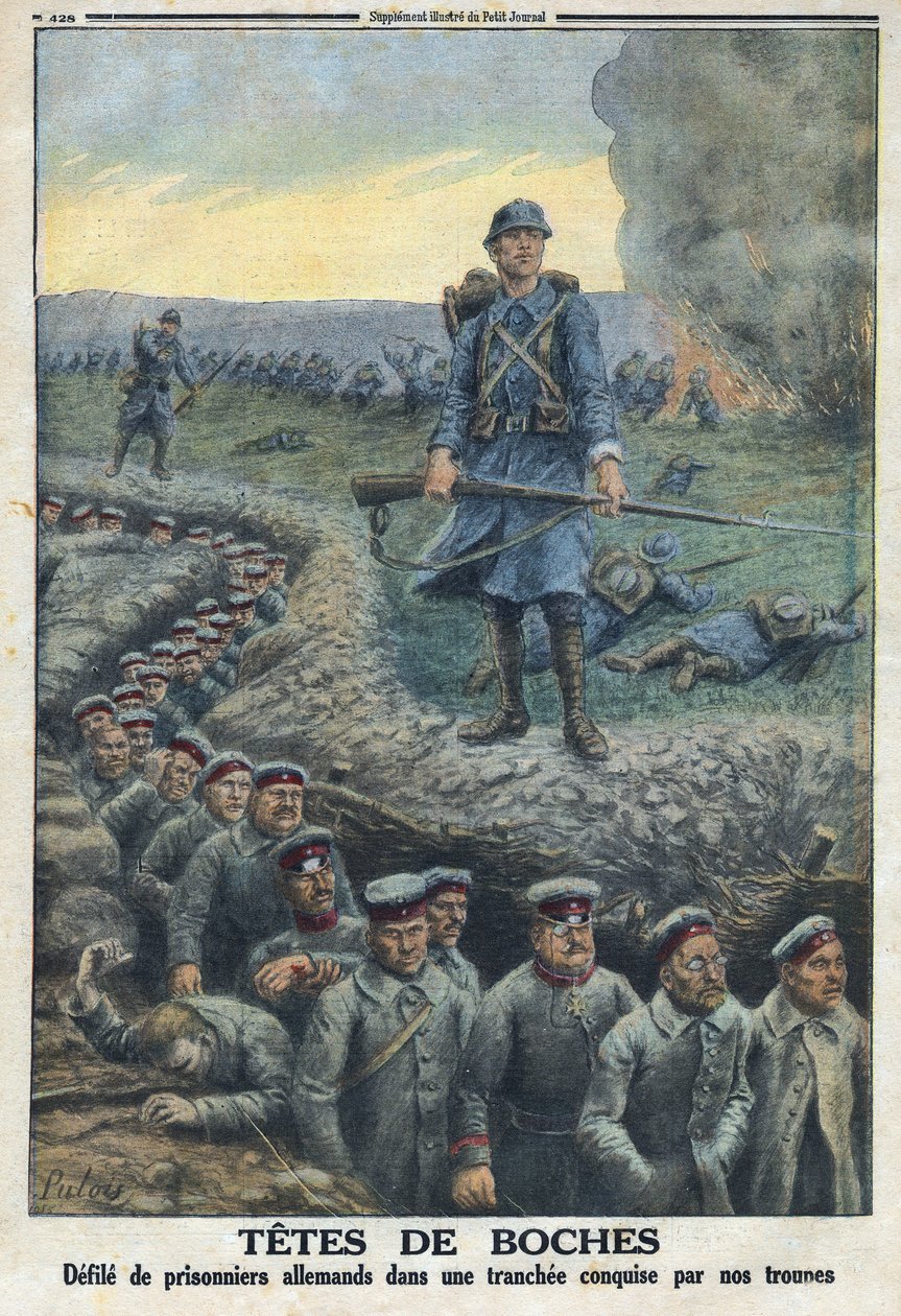 Első világháború 1914-1918 (14-18. háború). "" Fejfejek"": beszennyezi a német foglyokat a francia hadsereg csapatai által meghódított lövészárokban. A „Le Petité Journal”-ban, 1916.05.03. Magángyűjtemény alkotó: Anonymous Anonymous