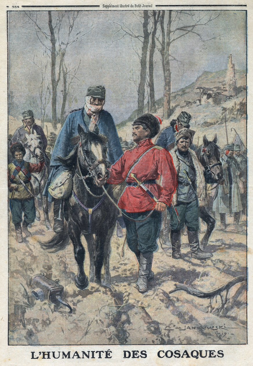 Első világháború 1914-1918 (14-18. háború). Lovakat kölcsönadnak a Kauzák Hadsereg beteg vagy sérült osztrák foglyainak. A „Le Petite Journal”-ban, 1916.07.23. Magángyűjtemény alkotó: Anonymous Anonymous