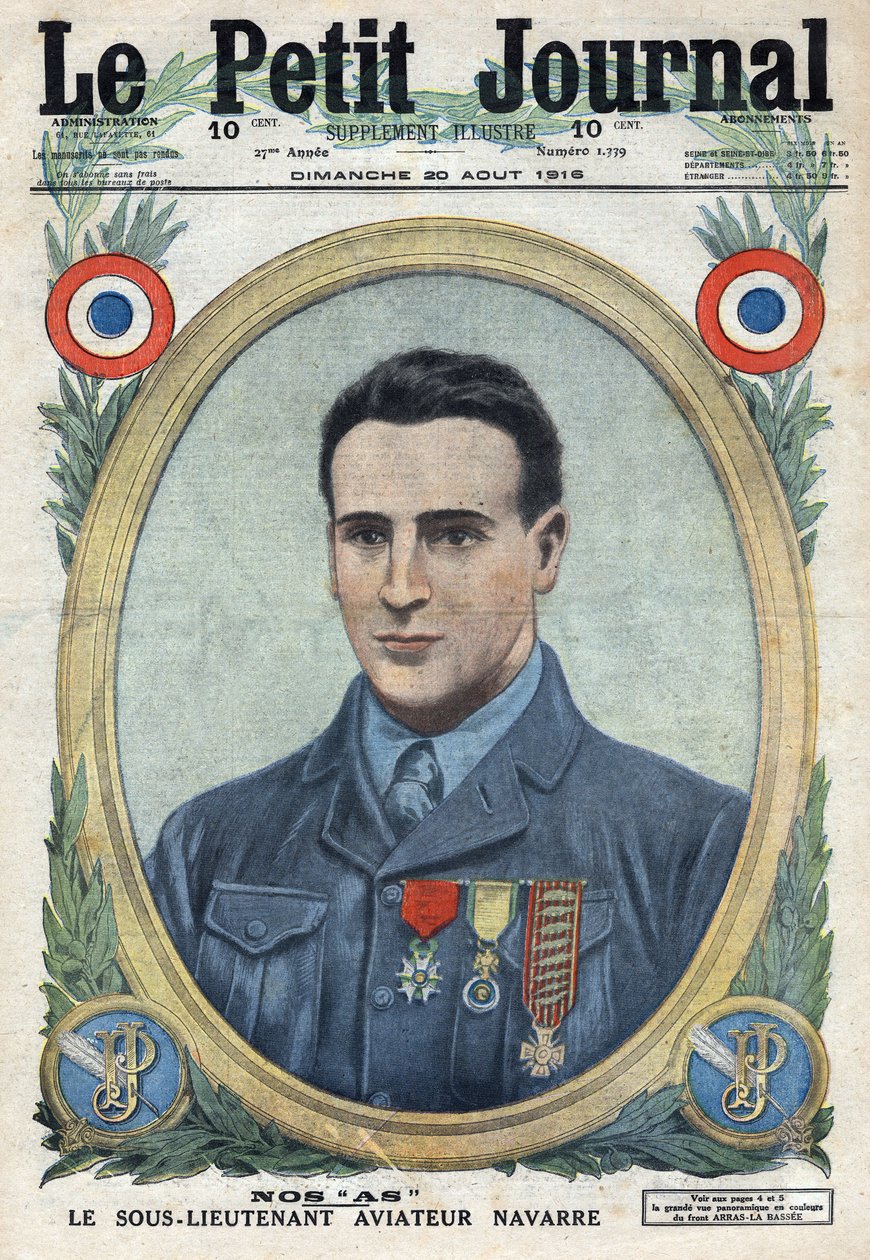 Első világháború 1914-1918 (14-18. háború). Jean Navarre (1895-1919) a francia hadsereg pilótájának portréja. A "" Le Petité Journalban" alkotó: Anonymous Anonymous