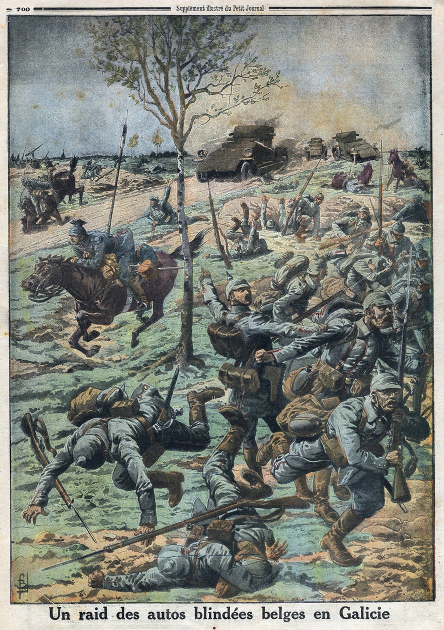 Első világháború 1914-1918 (14-18. háború). Belga autók elleni támadás Galíciában. A „” Le Petite Journal”-ban, 1916.10.29. Magángyűjtemény alkotó: Anonymous Anonymous