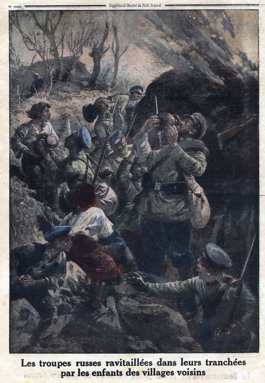 Első világháború 1914-1918 (14-18. háború). Az orosz katonai csapatokat a szomszédos falvak gyermekei tankolták fel lövészárkaikban. A „Le Petite Journal” című kiadványban, 1916.02.04. Magángyűjtemény alkotó: Anonymous Anonymous