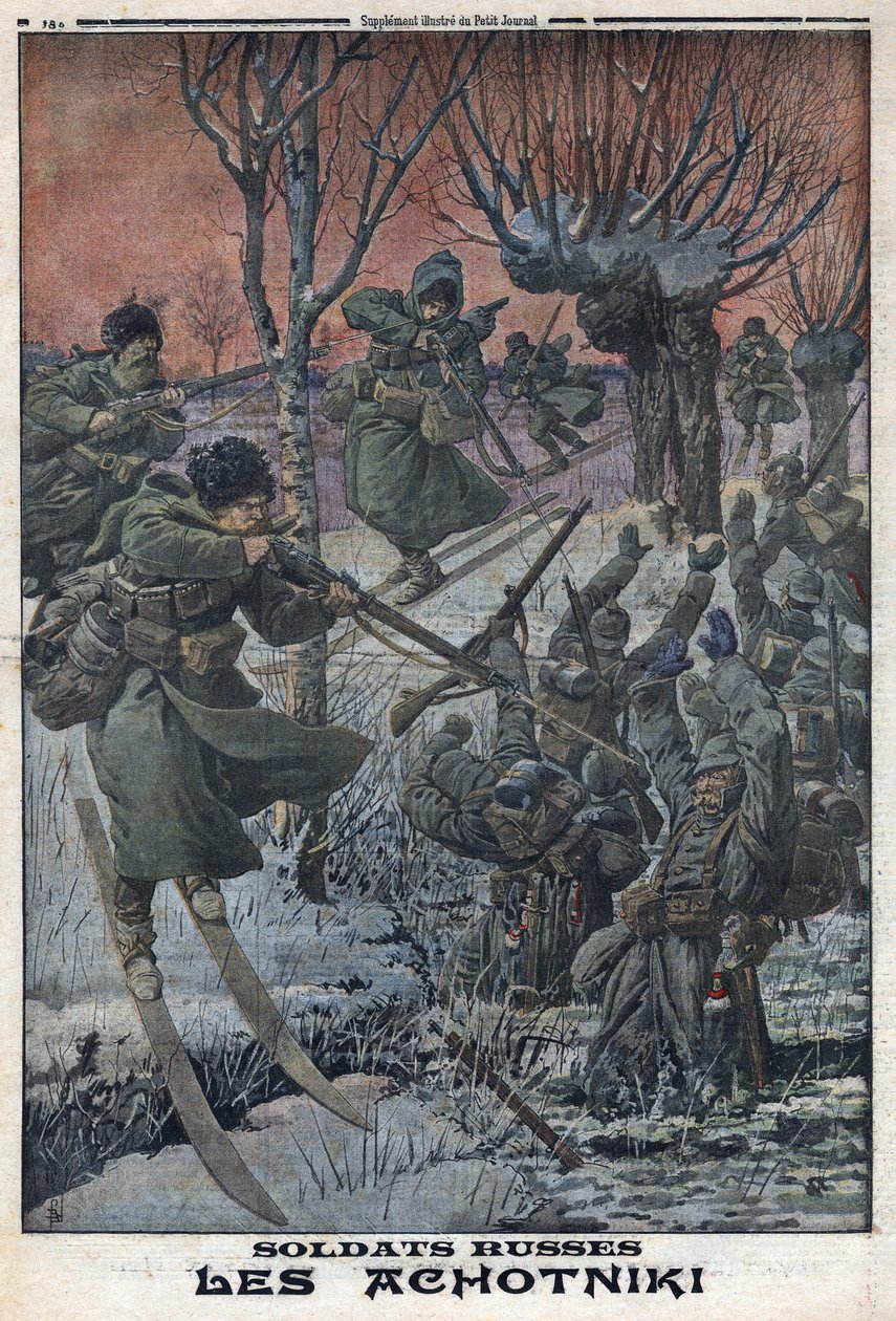 Első világháború 1914-1918 (14-18. háború). Orosz katonák Ahotniki sílécen lőnek német katonákat. A „Le Petite Journal”-ban, 1916.01.23. Magángyűjtemény alkotó: Anonymous Anonymous