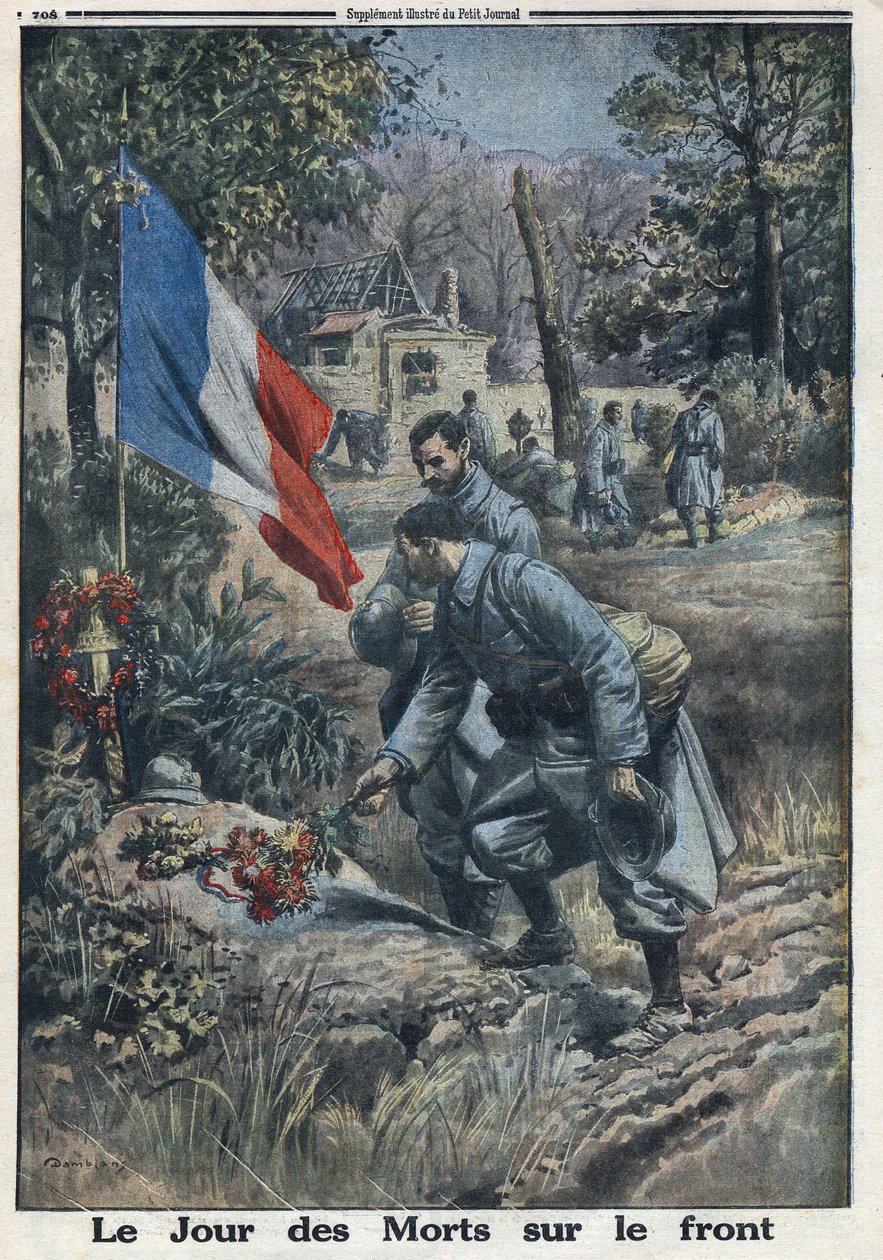 Első világháború 1914-1918 (14-18. háború). Halottak napja a fronton: A katonák mindenszentek napján virágba borítják az elesett katonák sírját. A „Le Petite Journal” című kiadványban, 1916.05.11. Magángyűjtemény alkotó: Anonymous Anonymous