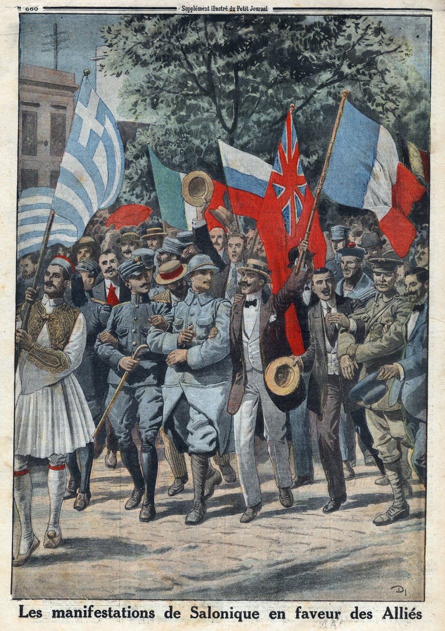 Első világháború 1914-1918 (14-18. háború). Szaloniki (vagy görögországi Szaloniki) tiltakozása a szövetségesek javára. A „Le Petite Journal”-ban, 1916.09.24. Magángyűjtemény alkotó: Anonymous Anonymous