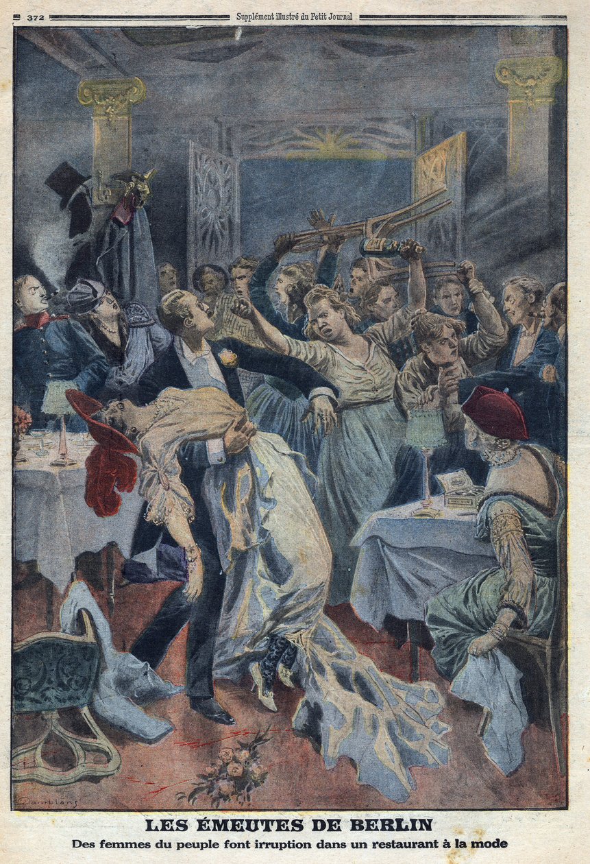 Első világháború 1914-1918 (14-18. háború). A nép asszonyai betörnek egy divatos étterembe, és követelik férjük visszaszolgáltatását. A „Le Petite Journal”-ban, 1916.01.16. Magángyűjtemény alkotó: Anonymous Anonymous