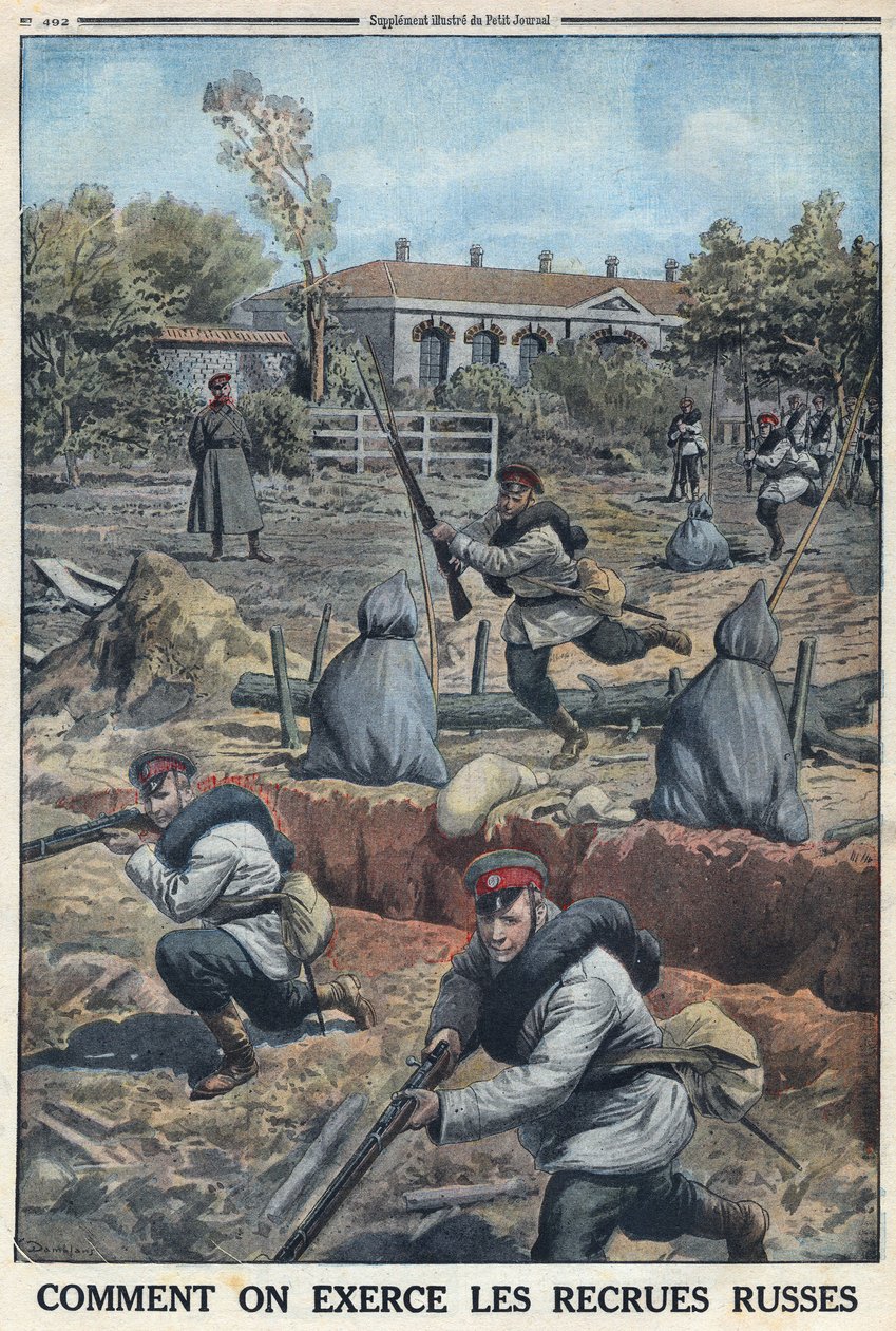 Első világháború 1914-1918 (14-18. háború). Az orosz hadsereg által toborzott fiatal katonák kiképzése. A „Le Petite Journal”-ban, 1916.04.30. Magángyűjtemény alkotó: Anonymous Anonymous