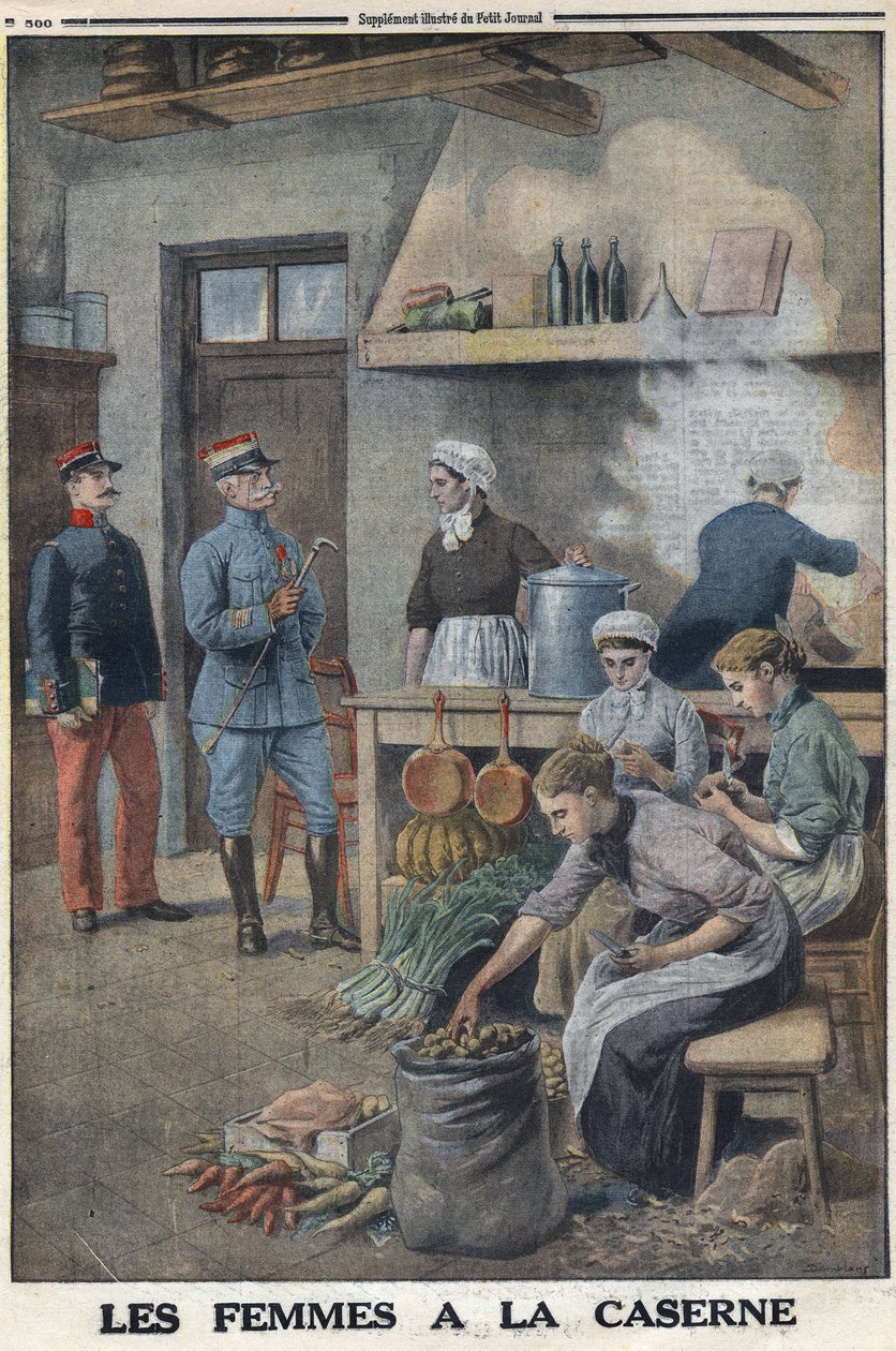 Első világháború 1914-1918 (14-18. háború). Nők ételt készítenek a laktanya konyhájában. Három szakács a burgonyakorvéban, hámozd meg a burgonyát. A „Le Petite Journal”-ban, 1916.07.05. Magángyűjtemény alkotó: Anonymous Anonymous