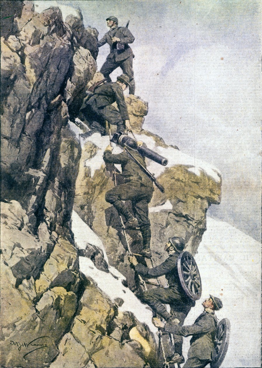 Első világháború: „” olasz alpesi vadászok (alpino vagy alpini) anyagot szállítanak az olasz Alpok csúcsán alkotó: Anonymous Anonymous