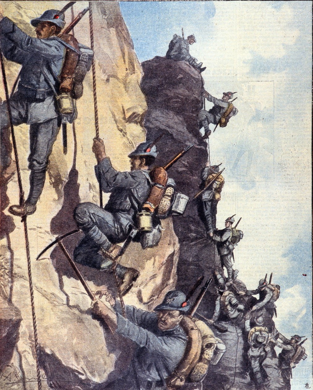 Első világháború: „” olasz alpesi vadászok (alpino vagy alpini) falra másznak az olasz Alpokban alkotó: Anonymous Anonymous