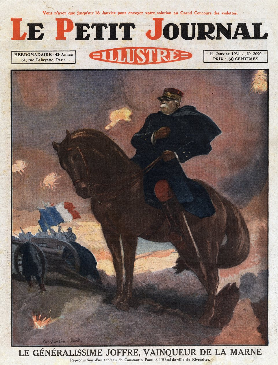 Első világháború: Joseph Joffre tábornok (1852-1931) lovon ülő portréja, aki a La Marne-i csatatéren győztesként ábrázolja (1914. szeptember)” Illusztráció Constantine Font festményéről. Metszet az 1931-es „Le petit Journal illustrious”-ból. alkotó: Anonymous Anonymous
