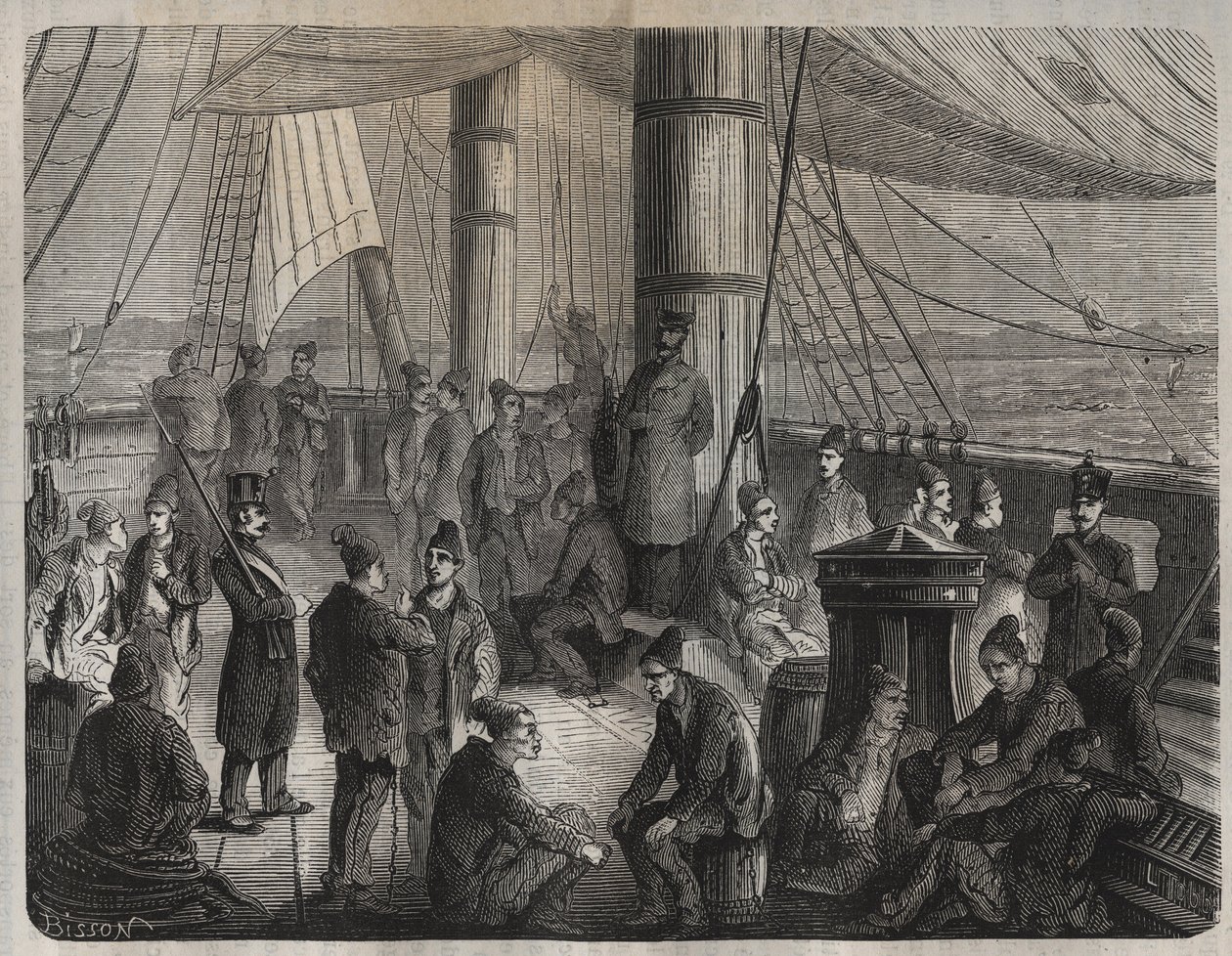 Az első erőkonvoj Toulonból Cayenne-be (Guyana) az 1851. december 8-i rendelet értelmében. Metszet az „Elítéltek története születésüktől napjainkig” című könyvébe (1877), Pierre Zaccone (1817-1895) (Colonia Penale - Penal kolónia). Magángyűjtemény. alkotó: Anonymous Anonymous