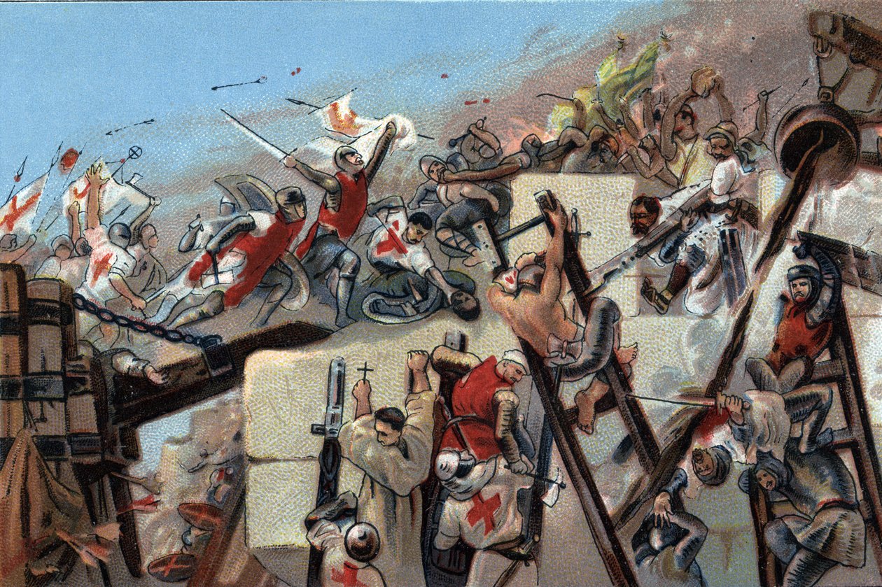 Első keresztes hadjárat (1096-1099): Jeruzsálem elfoglalása a bouilloni Godefroy (Godefroi) (1061-1100) által vezetett croisok által 1099. július 15-én. Antoine csokoládék reklámkromolitográfiája Brüsszelben, 20. század eleje. Magángyűjtemény alkotó: Anonymous Anonymous