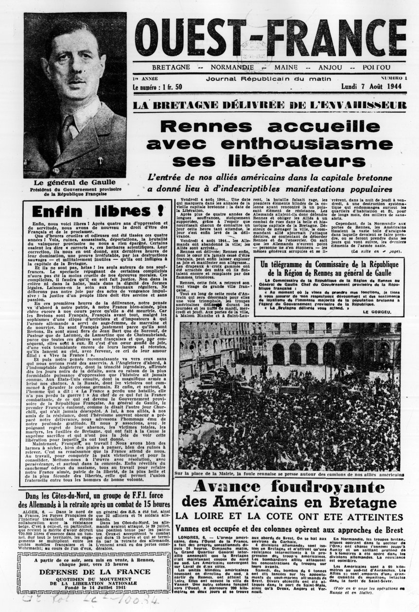 Nyugat-Franciaország első száma 1944. augusztus 7-től: La La La La Liberation Nyugat-Franciaországban és de Gaulle tábornok – fényképezés, B.N. alkotó: Anonymous Anonymous