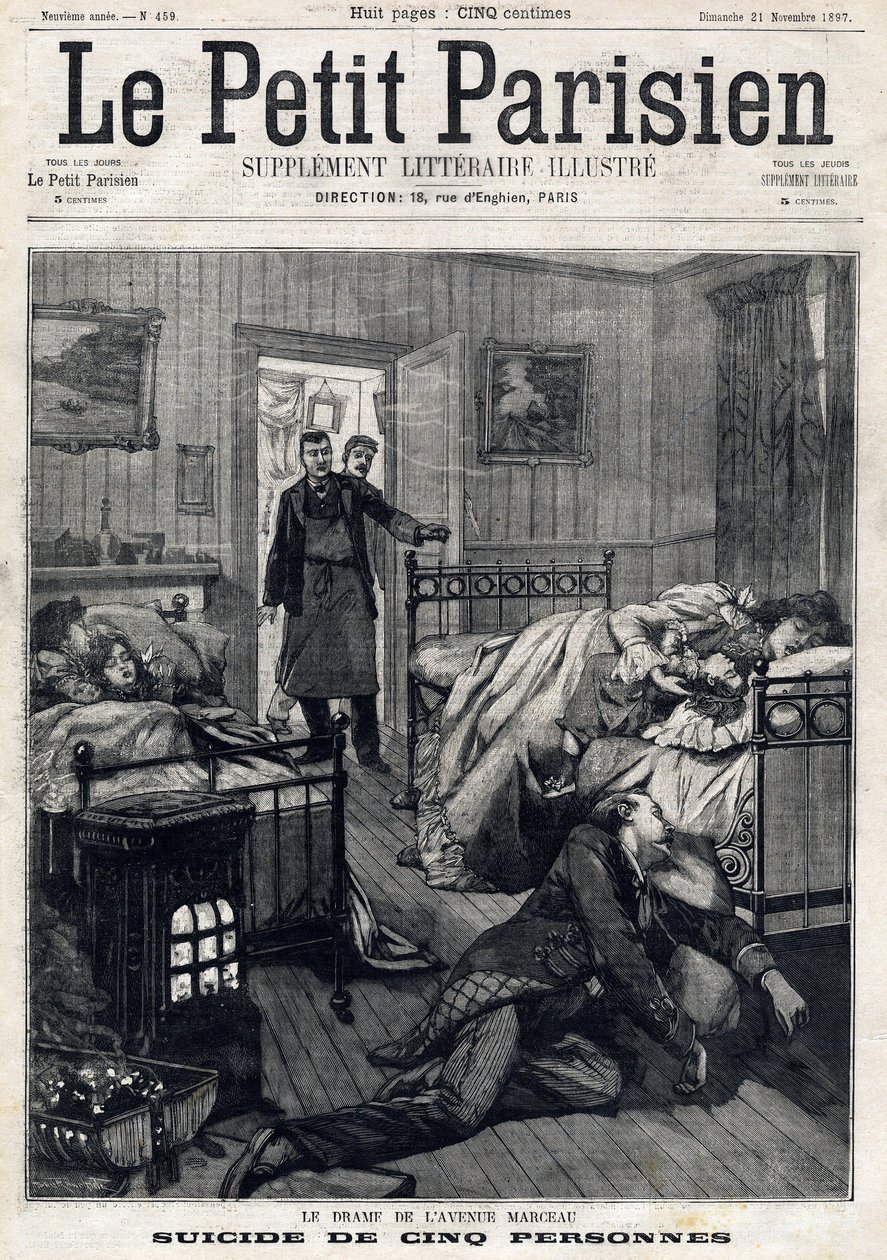 Öt öngyilkosság a párizsi Avenue Marceau-n. A „” Le Peute Parisien”-ben 1897.11.21-én. Magángyűjtemény alkotó: Anonymous Anonymous