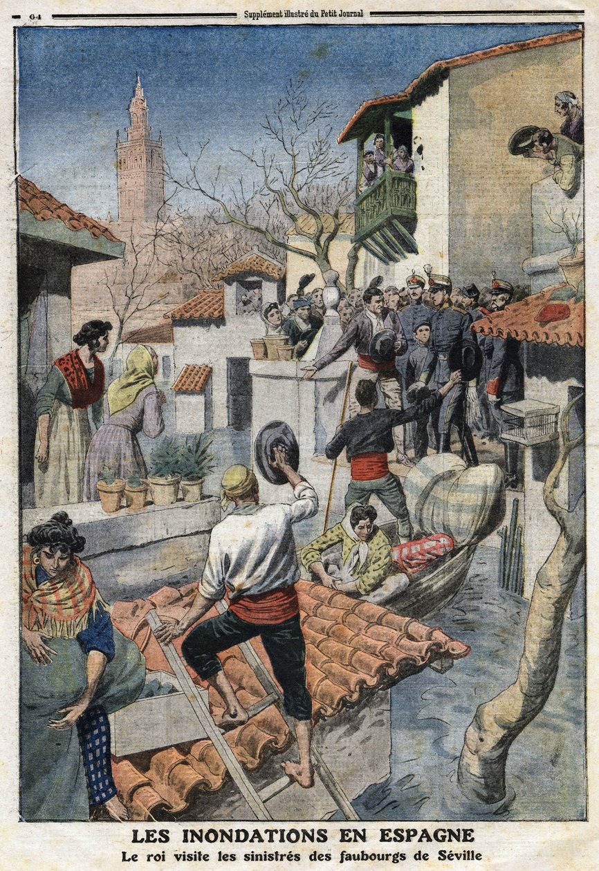 Áradások Spanyolországban: XIII. Alfonz király (1886-1941) meglátogatja Sevilla baljós elővárosait. Metszet a „Le Petite Journal”-ban, 1912.02.25. Magángyűjtemény. alkotó: Anonymous Anonymous