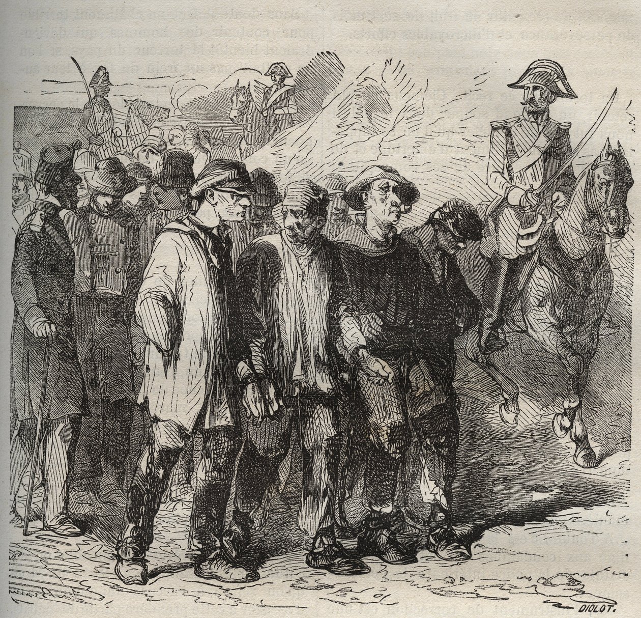 Elítéltek menet közben a bagne de Rochefortban a XIX. Pierre Zaccone (1817-1895) (Colonia Penale - Büntetőtelep) metszet az „Elítéltek története a megalkotásuktól napjainkig” című könyvébe (1877). Magángyűjtemény. alkotó: Anonymous Anonymous