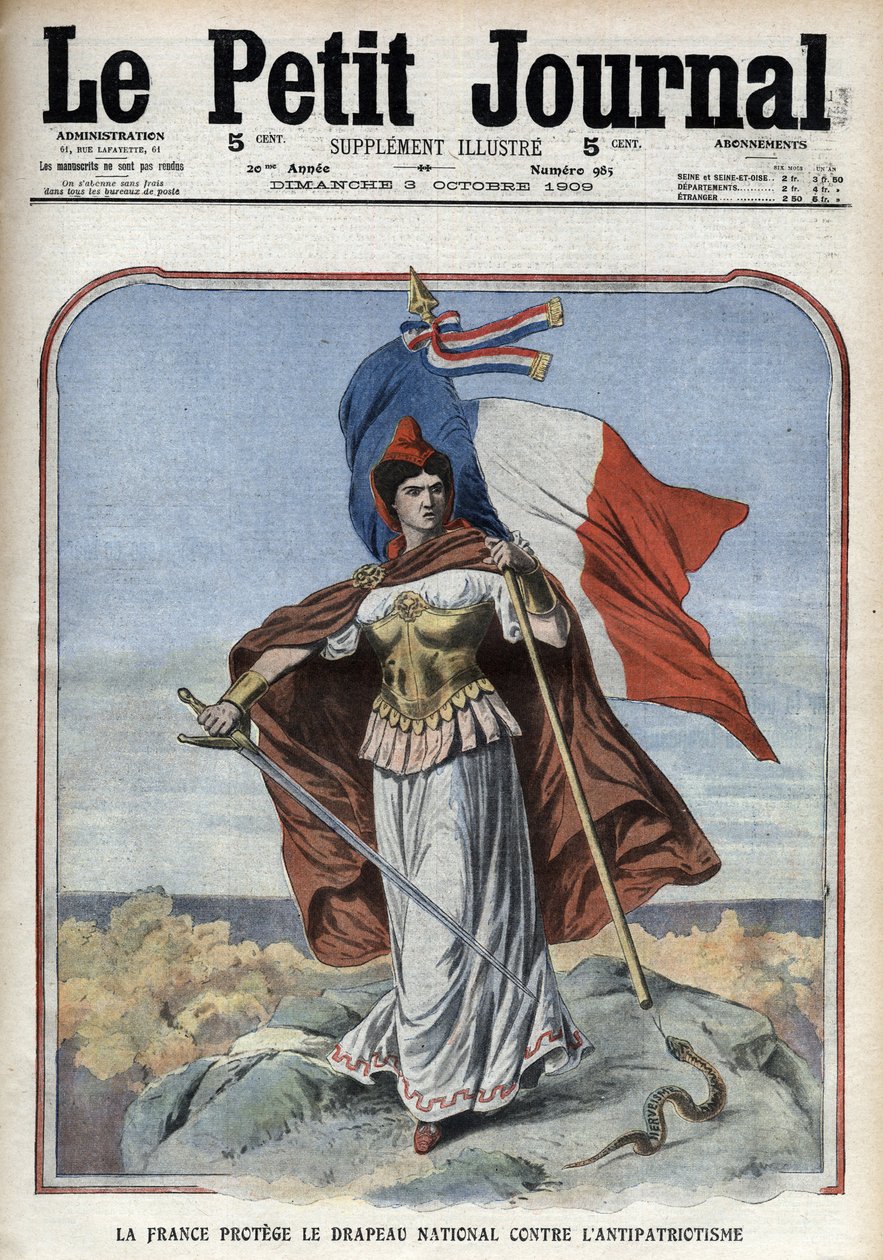 Franciaország (Marianne) védi a nemzeti zászlót a hazafiellenesség ellen – „Le Petit Journal” 1909. október alkotó: Anonymous Anonymous