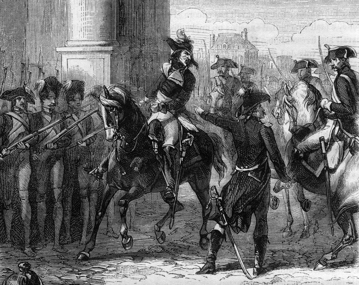 Francois Hanriot (1761-1794), francia forradalmár a kongresszus ajtajában (9 thermidor 1794) - Metszet Alphonse de Lamartine (1790-1869) „Histoire des Girondins” című könyvébe 1865-1866 - Magángyűjtemény alkotó: Anonymous Anonymous