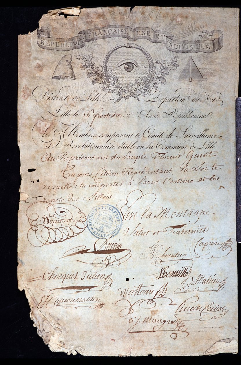 Francia forradalom: Guiot de Saint-Florent (Saint Florent) dit Florent-Guiot (vagy Florent-Guyot) (1735-1834), forradalmár és a nép képviselője állampolgárságának igazolása a lille-i Forradalmi Bizottság 16 éves II. (02/09/1 alkotó: Anonymous Anonymous