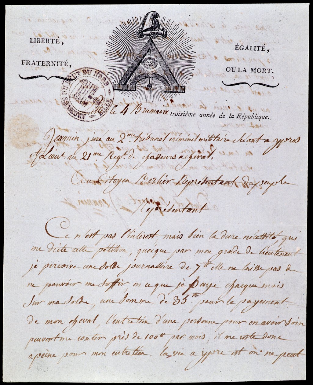 Francia forradalom: katonai adminisztratív levél első oldala és fejléce 4 köd III. évf. (1794. 10. 25.) 18. Frimaire év III. (1794. 12. 8.) köztársasági „Liberte Egalite, Fraternite ou la Mort” felirattal és szimbólumokkal. a Franco-Maconnerie. alkotó: Anonymous Anonymous