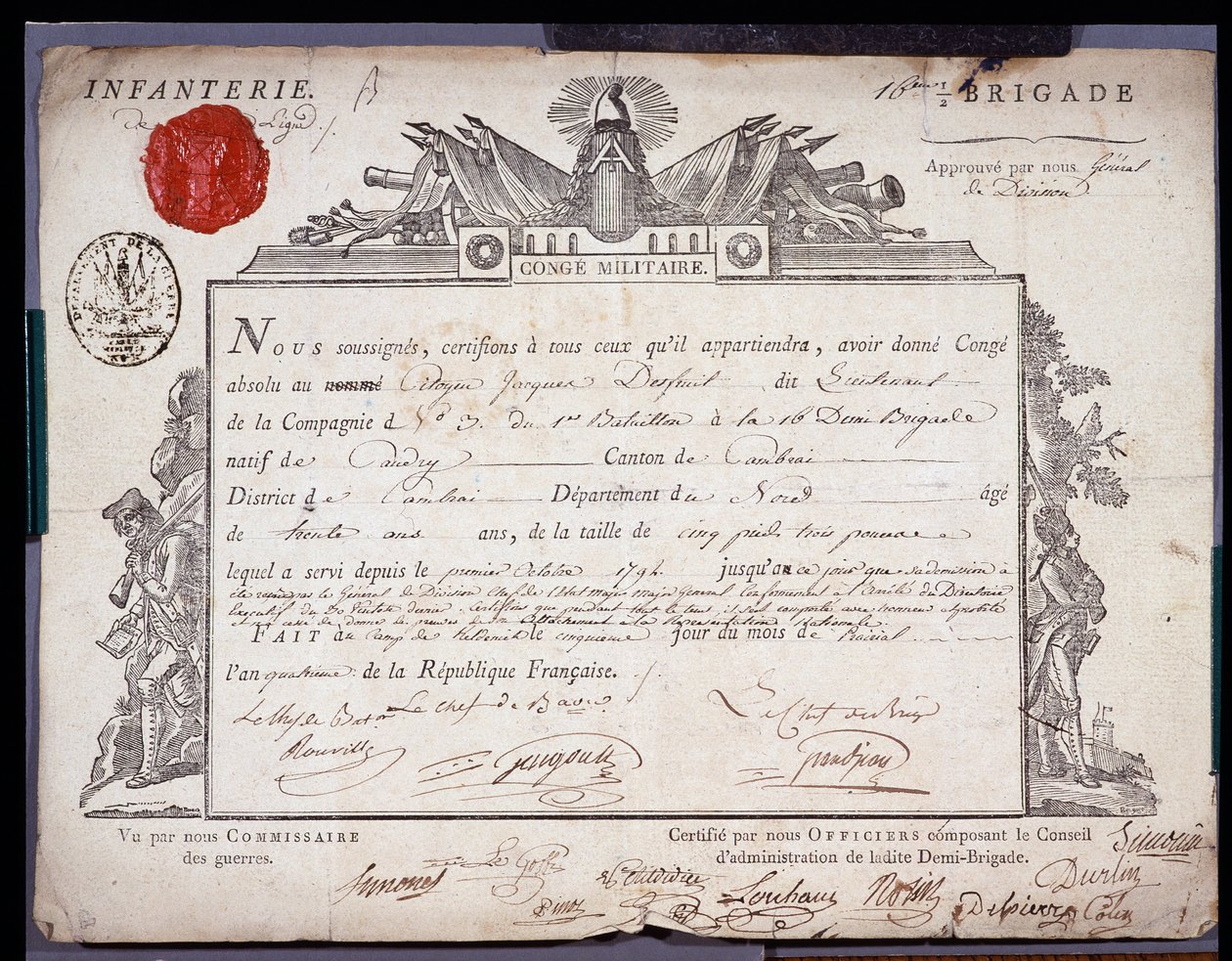 Francia forradalom: a cambrai körzet dandárának hadnagya IV. Prair évének (1796.05.24) keltezett katonai konge hivatalos dokumentuma. Nord Lille Osztályi Levéltára alkotó: Anonymous Anonymous